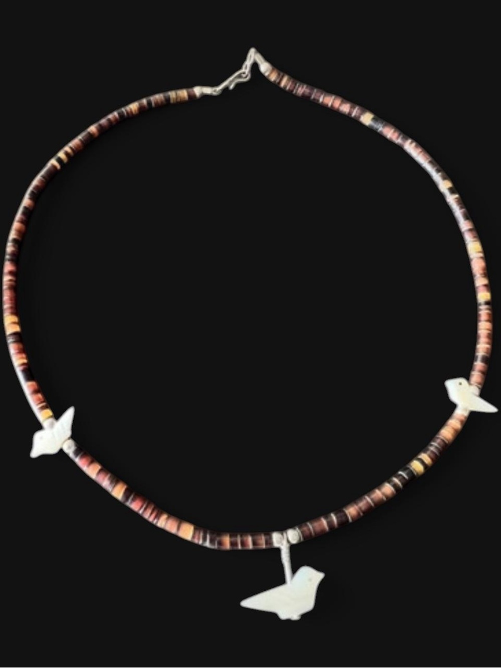 Vintage southwestern style carved shell bird fetish heishi necklace.